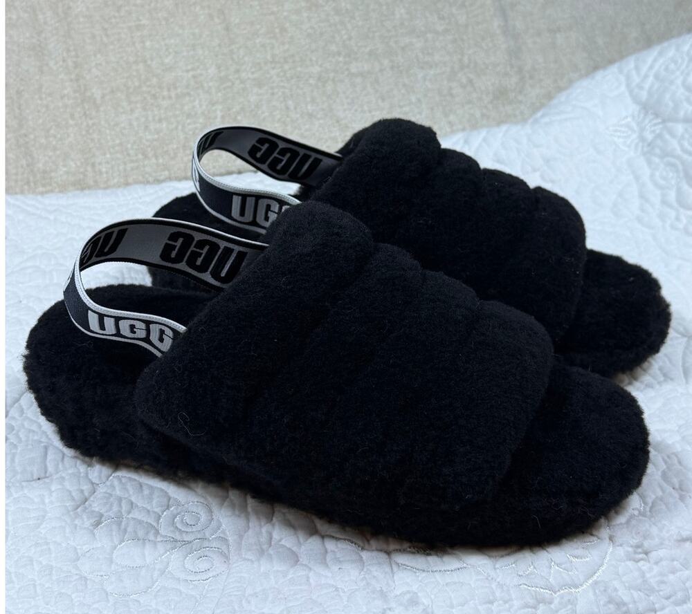 UGG Women's 7 Black Fluff Yeah Rock Shearling Slingback Slippers Sandals Casual